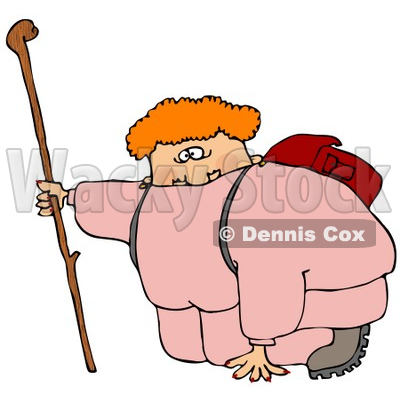 Out Of Shape Chubby Woman In Pink Sweats Carrying A Backpack And Kneeling While Holding Onto Her Hiking Stick To Catch Her Breath While Hiking Clipart Illustration © djart #16134