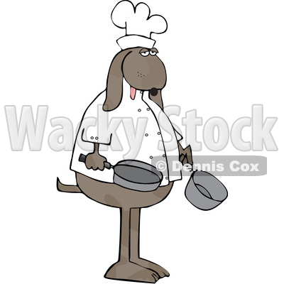 Clipart of a Cartoon Dog Chef Holding a Pot and Frying Pan - Royalty Free Vector Illustration © djart #1616565