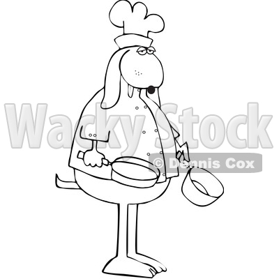Clipart of a Cartoon Lineart Dog Chef Holding a Pot and Frying Pan - Royalty Free Vector Illustration © djart #1616566