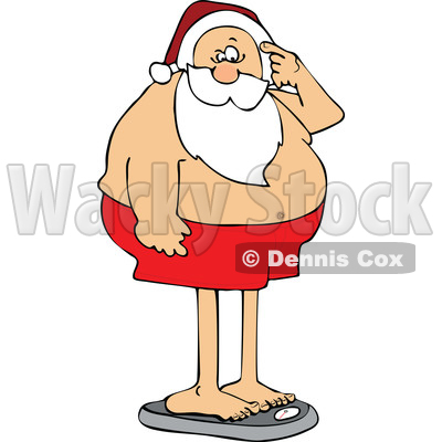 Cartoon Santa Claus Standing on the Scale and Seeing Holiday Weight Gain © djart #1618923