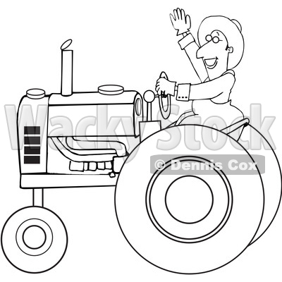 Cartoon Black and White Happy Male Farmer Waving While Operating a Tractor © djart #1618926