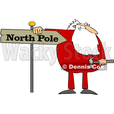 Cartoon Christmas Santa Claus in Pajamas Fixing a North Pole Sign © djart #1621863