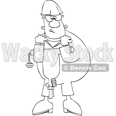Cartoon Black and White Worker Man Carrying a Jackhammer © djart #1625068