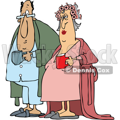 Cartoon Chubby White Couple in Robes and PJs Holding Their Morning Coffee Mugs © djart #1625448