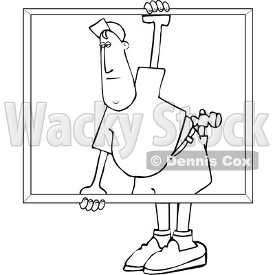 Cartoon Black and White Male Glazier Carrying a Glass Window © djart #1626116