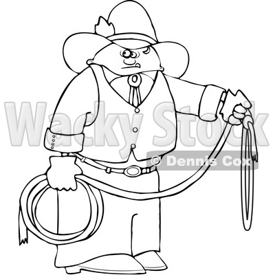 Cartoon Black and White Cowboy Holding a Lariat Rope © djart #1629948