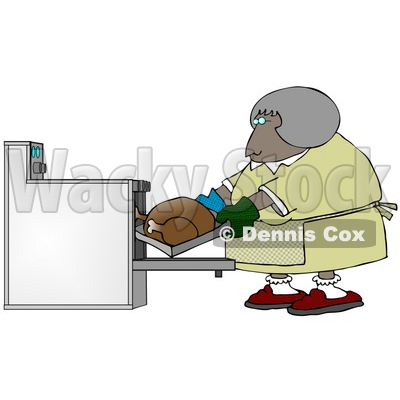 Clipart Illustration Image of a Middleaged African American Woman Wearing Mis-Matched Oven Mits And Putting A Turkey In The Oven While Cooking For Thanksgiving Or Christmas Dinner © djart #16314