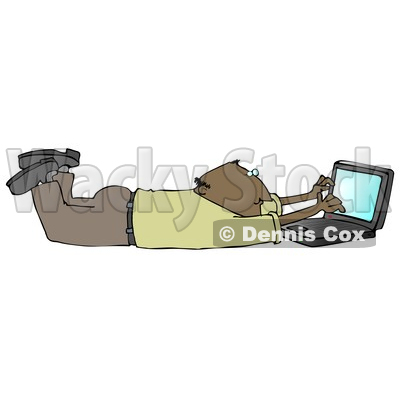 Clipart Illustration Image of a Balding African American Businessman In A Green Shirt And Slacks, Lying On His Stomach While Typing On A Laptop Computer That Is Set On Wireless Internet © djart #16318