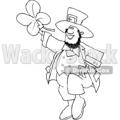 Cartoon Black and White St Patricks Day Leprechaun Holding up a Four Leaf Clover © djart #1631926