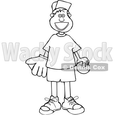 Cartoon Black and White Happy Boy with a Baseball and Glove © djart #1637680
