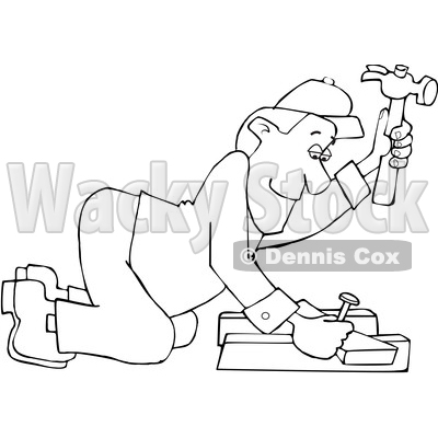 Cartoon Black and White Male Carpenter Kneeling and Hammering © djart #1637804