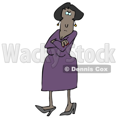 Angry African American Woman In A Purple Dress And Heels, Standing With Her Arms Crossed And Tapping Her Foot With A Stern Expression On Her Face Clipart Illustration Graphic © djart #16467