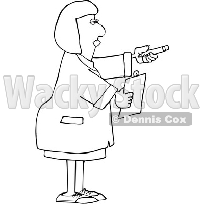 Cartoon Black and White Female Scientist Holding out a Pencil and Clipboard © djart #1647268