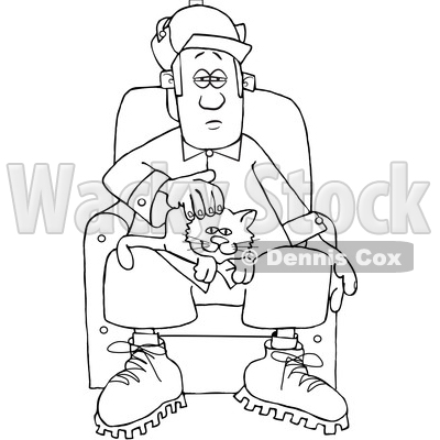 Cartoon Black and White Man with a Cat on His Lap © djart #1651133