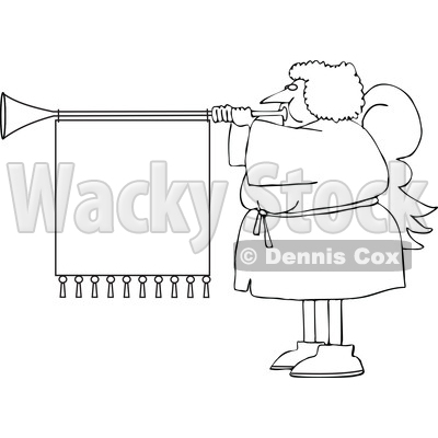 Cartoon Black and White Female Christmas Angel Blowing a Horn with a Banner © djart #1655189