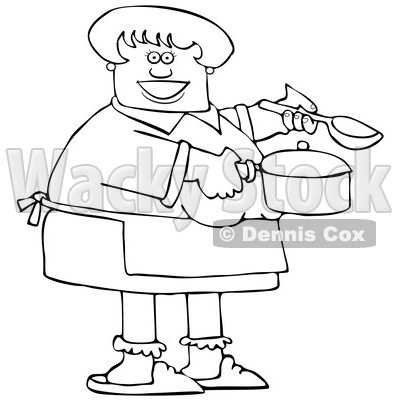 Cartoon Happy Black and White Woman Holding a Spoon and Soup Pot © djart #1656311