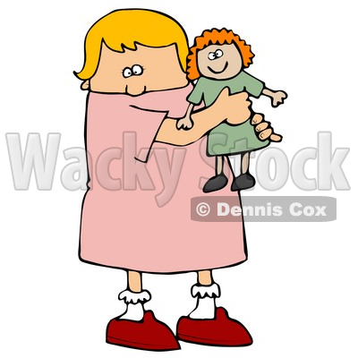 Little Blond Caucasian Girl Child Holding And Hugging Her Red Haired Doll Toy While Playing Clipart Image Graphic © djart #16620