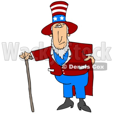 Uncle Sam In A Red And White Striped Hat With Stars, Red Jacket And Blue Pants, Standing With A Walking Cane And Holding One Hand On His Hip Clipart Illustration Image © djart #17001