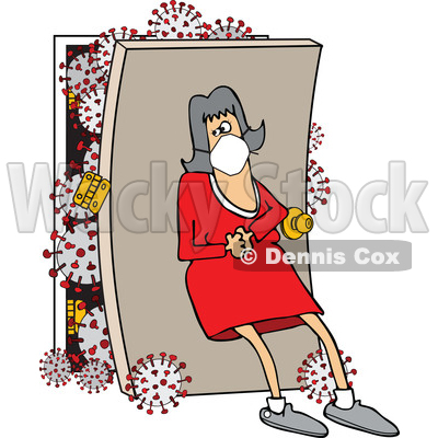 Cartoon Woman Wearing a Mask and Leaning Back Against a Door with Coronavirus © djart #1705757