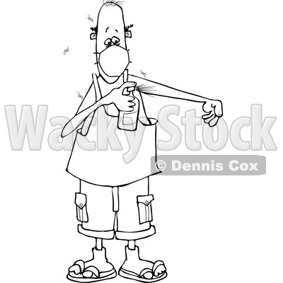 Cartoon Black and White Man Wearing a Mask and Spraying Bug Repellent © djart #1709734