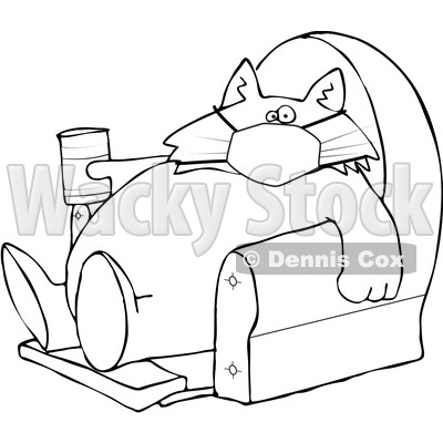 Cartoon Black and White Fat Lazy Cat Wearing a Mask Holding a Glass of Milk and Sitting in a Chair © djart #1712431
