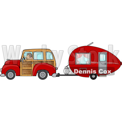 Cartoon Woman Driving a Red Woody Car and Pulling a Teardrop Trailer © djart #1716551