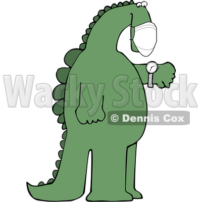 Cartoon Dinosaur Wearing a Covid Mask and Checking Its Watch © djart #1717106