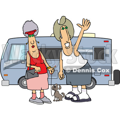 Cartoon Happy Couple and Dog by Their Camper Trailer © djart #1717512