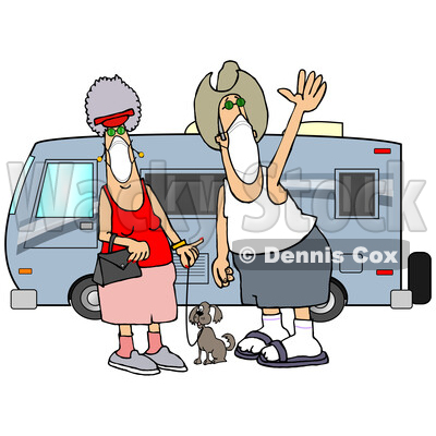 Cartoon Happy Couple Wearing Masks and Standing with Their Dog by Their Camper Trailer © djart #1717513