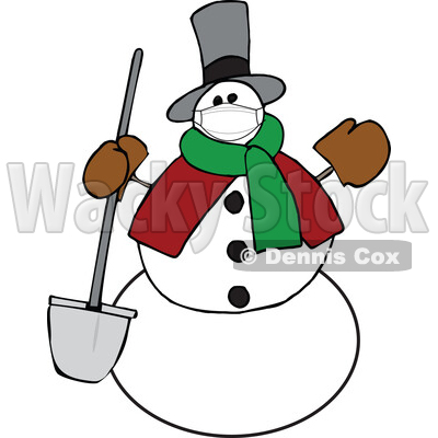 Cartoon Snowman Wearing a Covid Mask and Holding a Shovel © djart #1717514