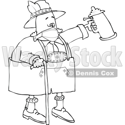 Drunk Old Man Wearing a Mask and Walking with a Cane and Beer Stein at Oktoberfest © djart #1717764