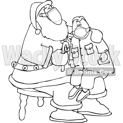 Cartoon Corona Virus Santa Wearing a Mask and Giving a Boy a Candy Cane © djart #1718692