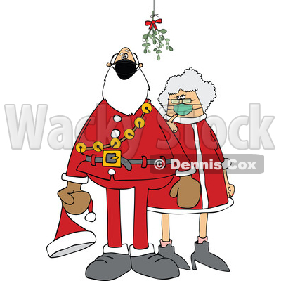 Cartoon Covid Santa and Mrs Claus Wearing Masks Under Mistletoe © djart #1718697