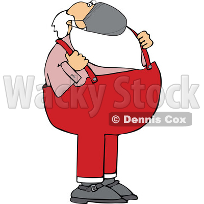Cartoon Covid Santa Wearing a Mask and Grasping His Suspenders © djart #1718698