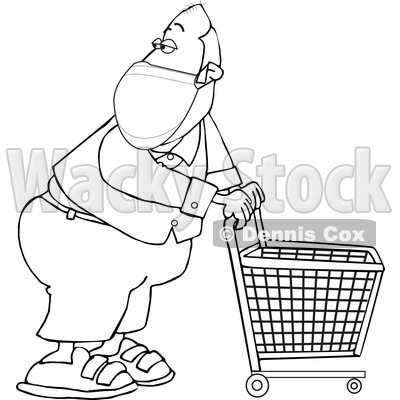 Cartoon Black and White Essential Store Worker Wearing a Mask and Standing with a Cart © djart #1719301