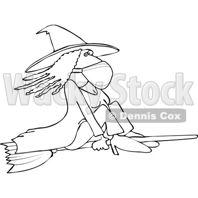 Cartoon Black and White Halloween Witch Flying and Wearing a Mask © djart #1719302