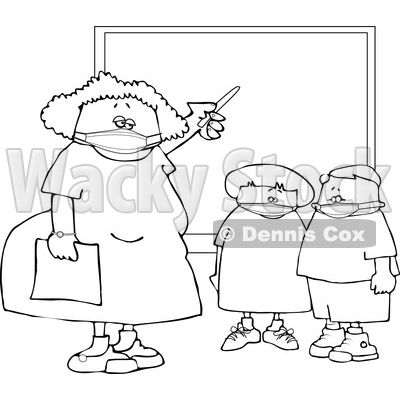 Cartoon Female Elementary School Teacher and Students Wearing Masks by a Chalkboard Lineart © djart #1719884