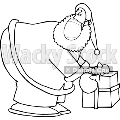 Cartoon Black and White Covid Christmas Santa Picking up a Gift © djart #1721034