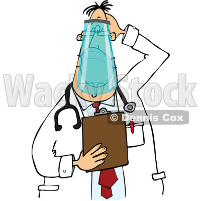 Cartoon Stumped Chubby White Male Veterinarian or Doctor Wearing a Face Shield and Mask and Holding a Clipboard © djart #1723071