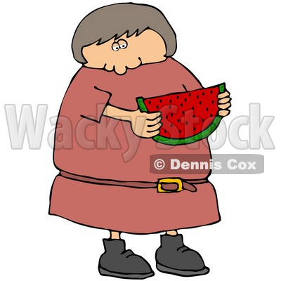 Caucasian Girl Or Woman In In Pink Dress, Eating A Juicy Red Slice Of Watermelon On A Hot Summer Day Clip Art Illustration © djart #17240