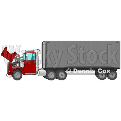 Caucasian Mechanic Man In Coveralls And A Red Hat, Working On The Engine Of A Big Red 18 Wheeler Semi Truck Clipart Illustration © djart #17241