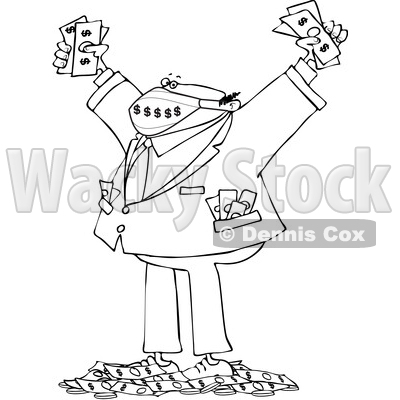 Cartoon Rich Business Man Wearing a Mask and Standing in a Pile of Money © djart #1724650