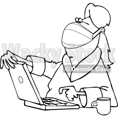 Cartoon Lady Wearing a Mask and Using a Laptop © djart #1726668