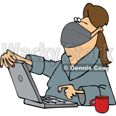 Cartoon Woman Wearing a Mask and Using a Laptop © djart #1726669