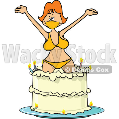 Cartoon Woman Wearing a Mask and Bikini and Popping out of a Birthday Cake © djart #1726969