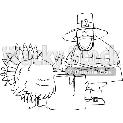 Cartoon Male Pilgrim Wearing a Mask and Butchering a Turkey © djart #1727737