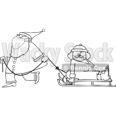 Cartoon Santa Wearing a Face Mask and Pulling Mrs Claus on a Sled © djart #1727742