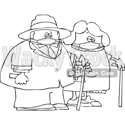 Cartoon Old Couple Wearing Masks and Walking with Canes © djart #1727743