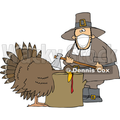 Cartoon Pilgrim Wearing a Mask and Butchering a Turkey © djart #1727749