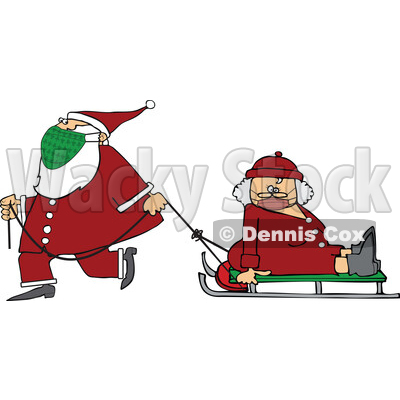 Cartoon Santa Wearing a Mask and Pulling Mrs Claus on a Sled © djart #1727751